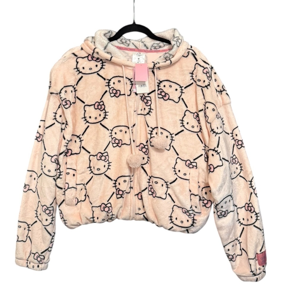 NWT Hello Kitty Plush Full Zip Crop Hoodie Pink Allover Print Sanrio Y2K Sz XL